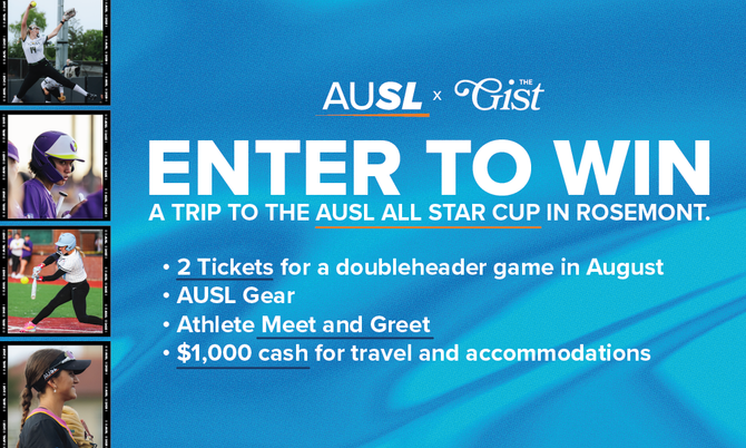 A graphic promoting the AUSL All-Star Cup giveaway with action shots of AUSL softball players