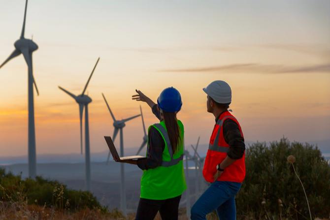 Two people looking at wind turbines