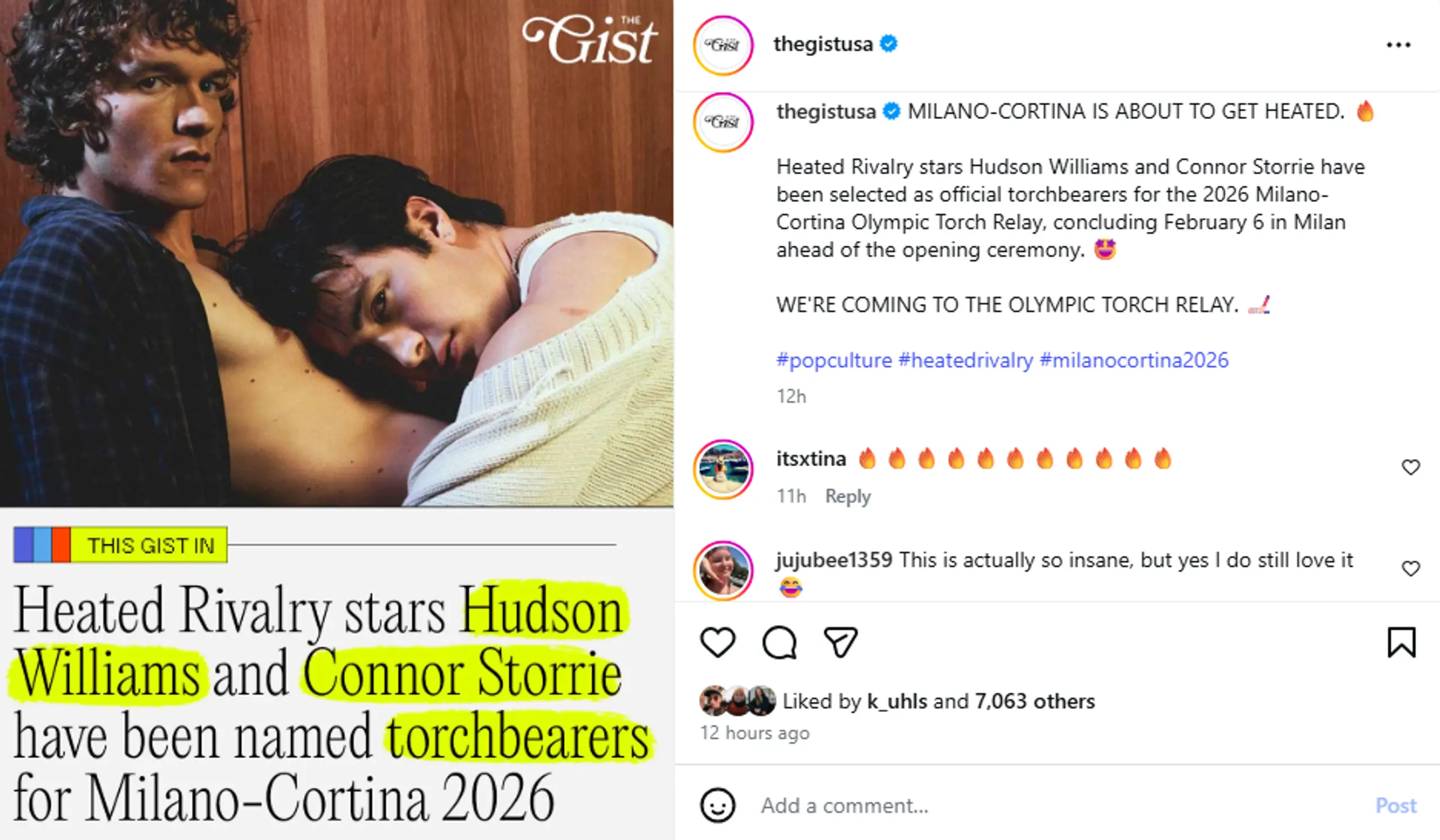 The GIST’’s Instagram post about Heated Rivalry stars Hudson Williams and Connor Storrie being named torchbearers for the Olympics.