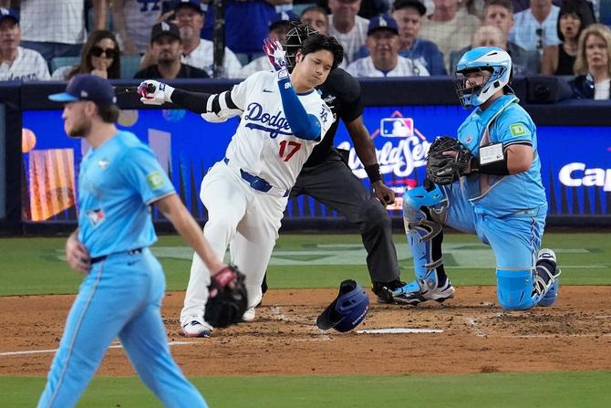 Toronto Blue Jays pitcher Trey Yesavage walks to the left after striking out LA Dodger Shohei Ohtani.