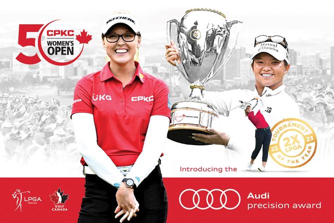 Brooke Henderson smiling and Megan Khang holding the trophy