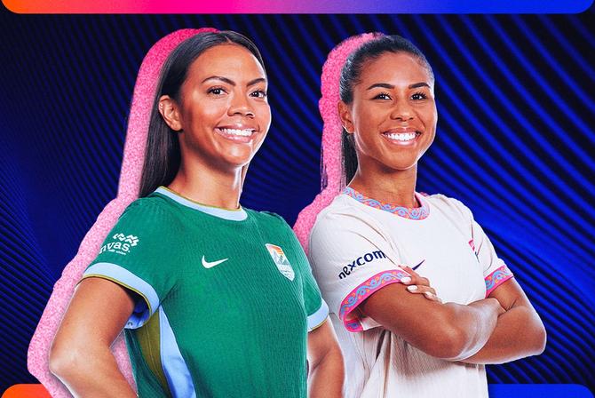 Two soccer players pose in front of blue background