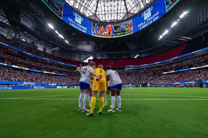 Tierna Davidson #12, Alyssa Naeher #1, Naomi Girma #4 and Emily Fox #23 of the United States huddle on the field before a SheBelieves Cup game between Japan and the USWNT at Mercedes-Benz Stadium on April 6, 2024 in Atlanta, Georgia.