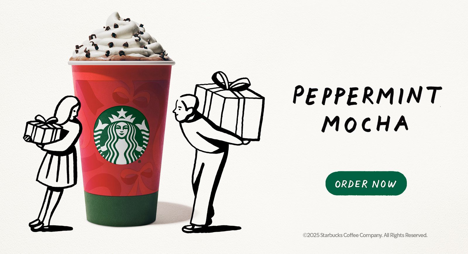 A graphic with illustrations of two people holding gifts next to a Starbucks cup.