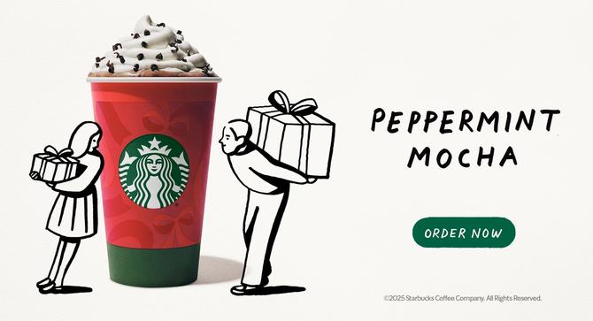 A graphic with illustrations of two people holding gifts next to a Starbucks cup.