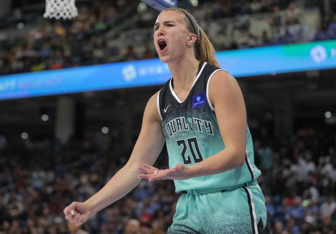 Sabrina Ionescu #20 of the New York Liberty reacts to a call during the second half against the Chicago Sky on June 4, 2024 at Wintrust Arena in Chicago, Illinois.