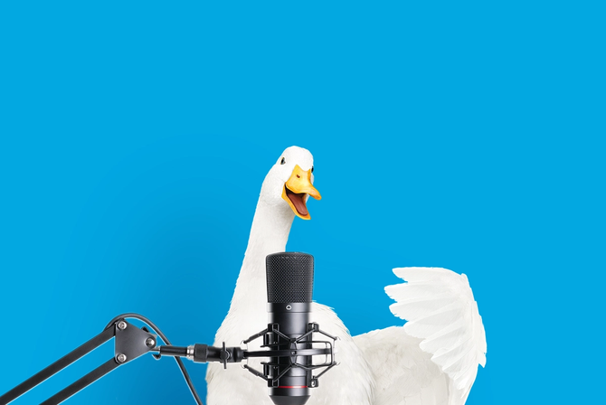 The Aflac duck speaking into a microphone