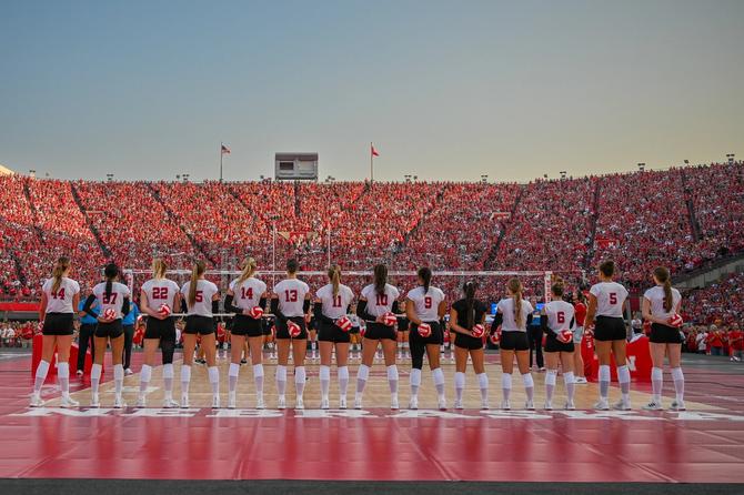 The Nebraska Cornhuskers stand on the court during introductions before the game against the Omaha Mavericks at Memorial Stadium last August.