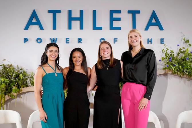 ESPYS Award nominees Brenna Huckaby, Haleigh Bryant, Izzy Scane, and Sarah Franklin pose onstage after panel conversation at Athleta’s inaugural Power of She Luncheon ahead of the 2024 ESPYS, moderated by Sophia Bush and Ari Chambers, at The Maybourne Beverly Hills on July 10, 2024 in Beverly Hills, California.