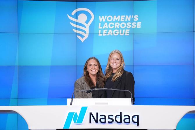 Drexel women’s lacrosse head coach Katie O’Donnell and Stony Brook University women’s lacrosse alumna Kylie Ohlmiller celebrated the launch of a new professional women’s lacrosse league at the Nasdaq Exchange in New York City, New York on November 14.
