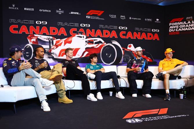 Sergio Perez of Mexico and Oracle Red Bull Racing, Lewis Hamilton of Great Britain and Mercedes, Nico Hulkenberg of Germany and Haas F1, Lance Stroll of Canada and Aston Martin F1 Team, Pierre Gasly of France and Alpine F1 and Oscar Piastri of Australia and McLaren attend the press conference after during previews ahead of the F1 Grand Prix of Canada