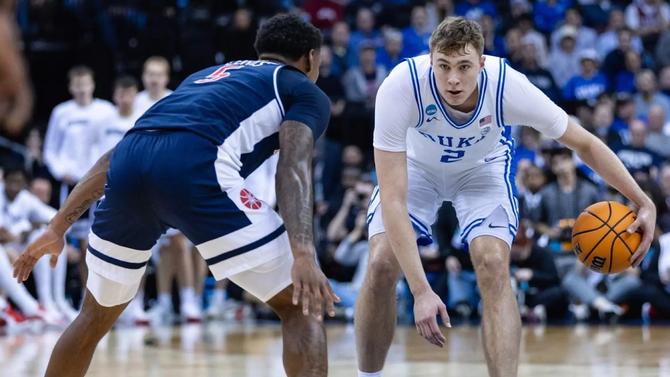 Duke men’s basketball star Cooper Flagg dribbles during their Sweet 16 matchup against Arizona.