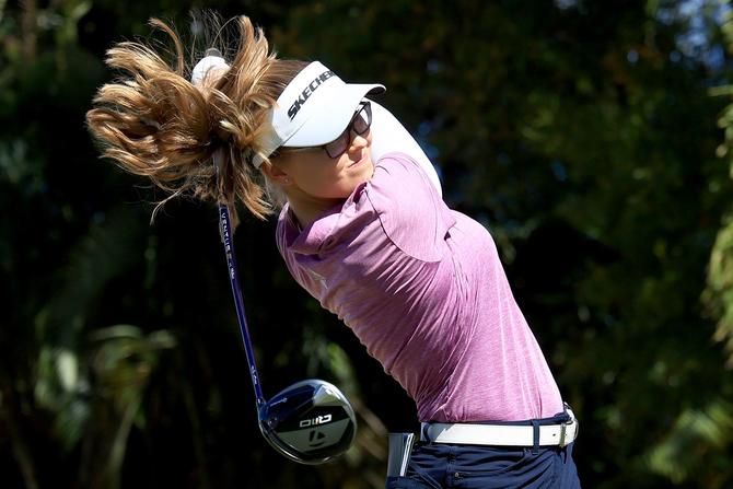 Brooke M. Henderson of Canada plays her shot from the tenth tee during the first round of the LPGA Drive On Championship
