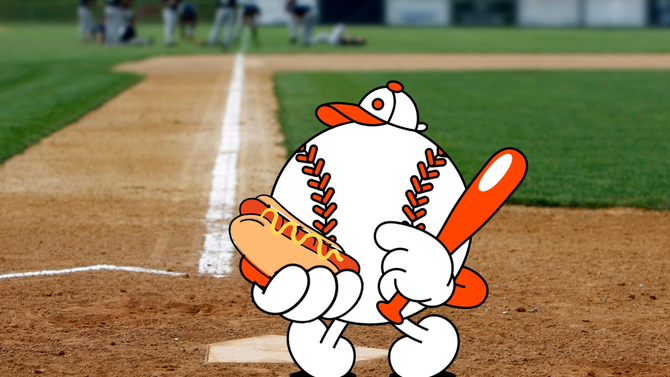 The GIST's cartoon baseball holding a hot dog and a baseball bat