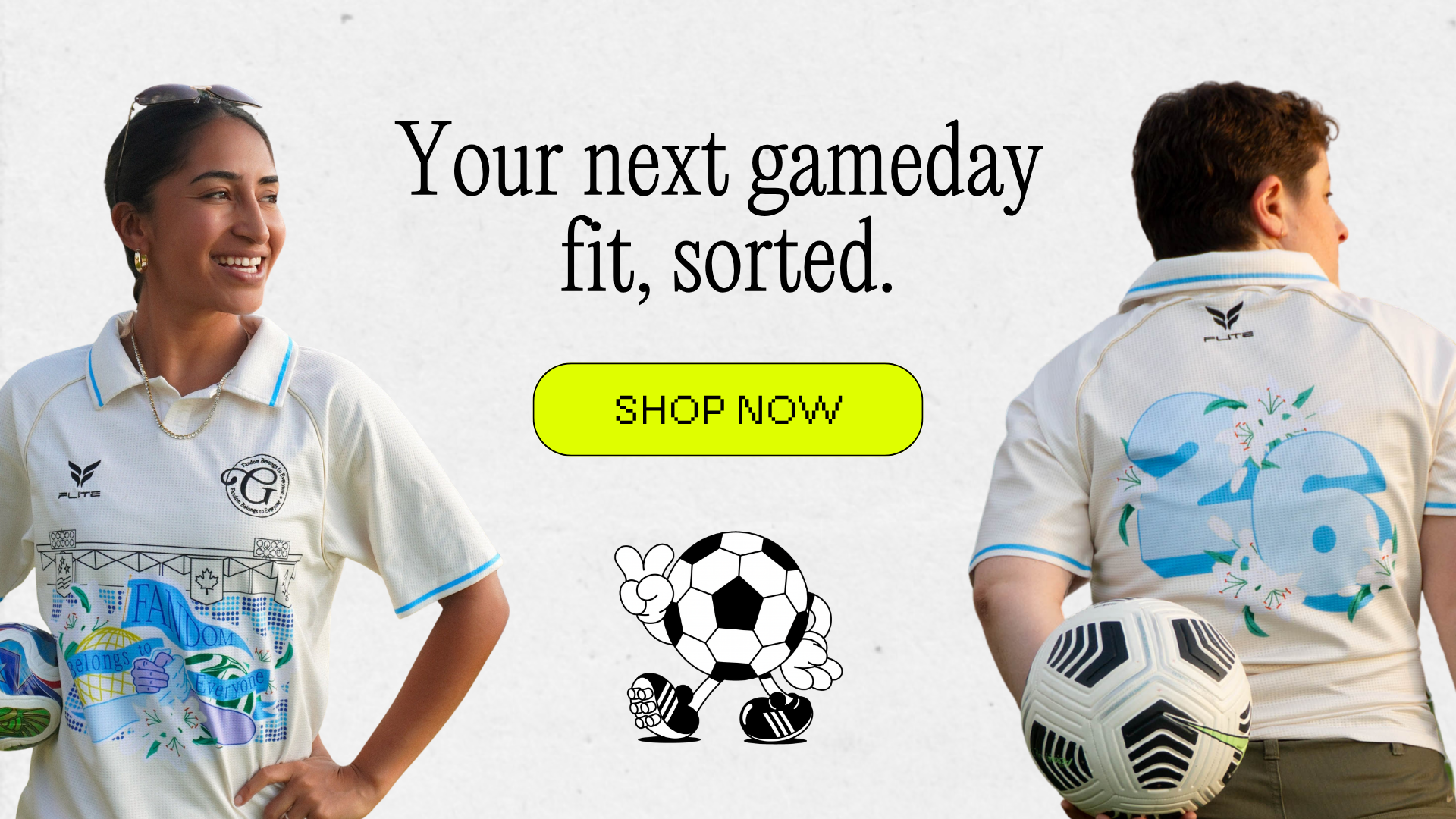 Graphic with models in GIST merch with the text "Your next gameday fit, sorted"