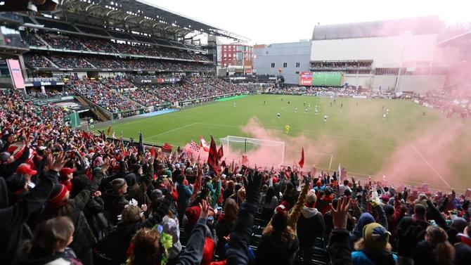 Fans celebrate at the Portland Thorns’ Providence Park.
