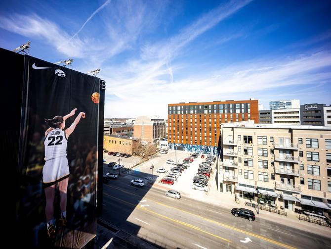 Nike’s Des Moines, IA, billboard celebrating Iowa women’s basketball star Caitlin Clark and her record-breaking season.