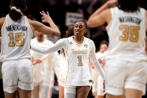 Vanderbilt’s Mikayla Blakes high fives her teammates.