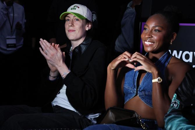 Breanna Stewart and Coco Gauff attend an Unrivaled match between Phantom and Rose at Wayfair Arena on January 31, 2025 in Medley, Florida.