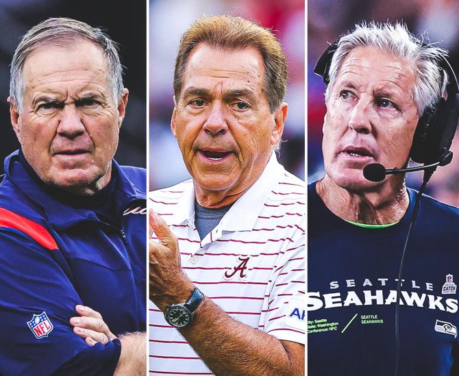 A three-part collage featuring Bill Belichick, Nick Saban, and Pete Carroll