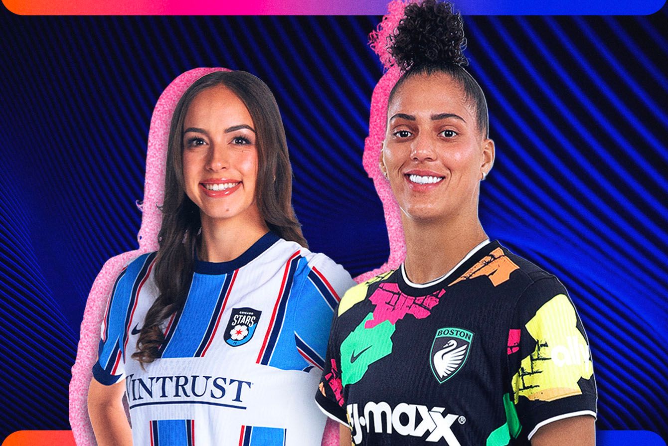 Two NWSL players pose in front of purple background