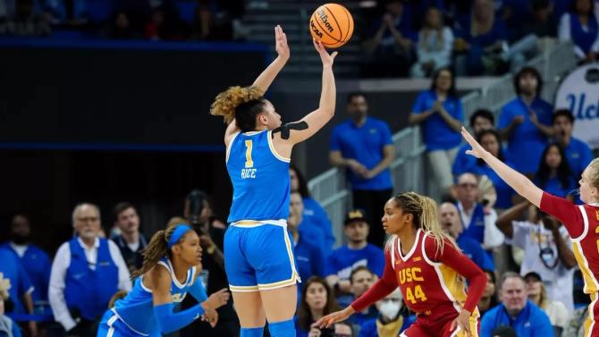 UCLA women’s basketball star Kiki Rice hits a jump shot against USC.