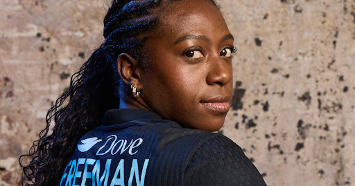 NJ/NY Gotham defender Mandy Freeman poses in her new team jersey, which now features a Dove sponsorship.