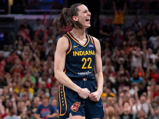 Caitlin Clark celebrates during an Indiana Fever game.