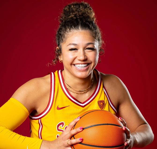 Former Oregon State women’s basketball guard Talia von Oelhoffen smiles for the camera at her first photo shoot as a USC Trojan.