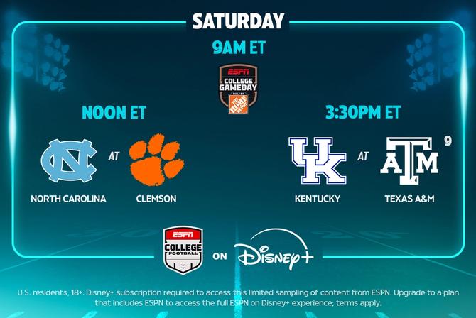 Saturday college football schedule on Disney+, featuring College GameDay at 9 a.m. ET, North Carolina vs. Clemson at noon ET, and Kentucky vs. Texas A&M at 3:30 p.m. ET.