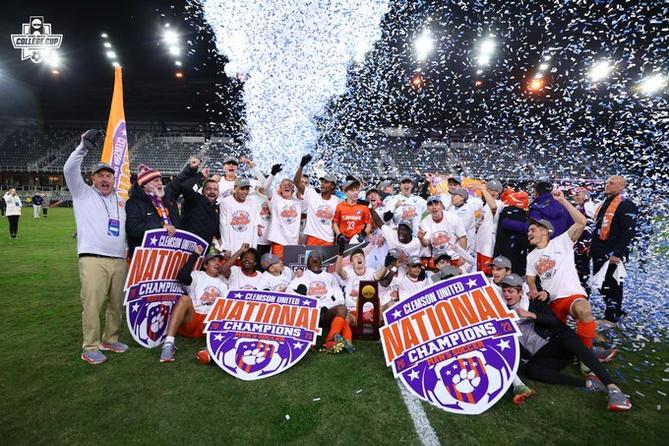 Confetti falls on Clemson’s men’s soccer team as they celebrate their national championship on December 11, 2023.