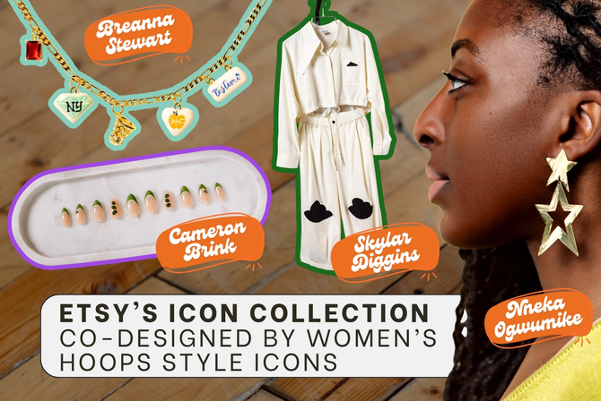A graphic promoting Etsy's Icon Collection with a side profile of Nneka Ogwumike