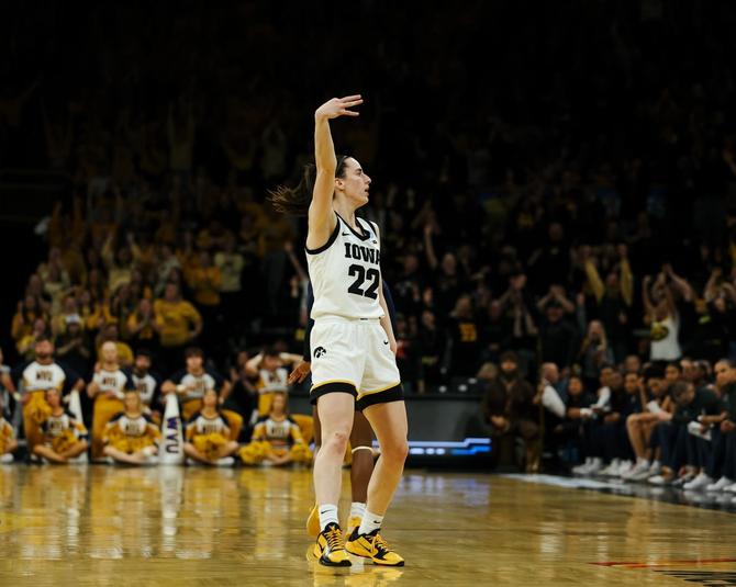 No. 1–seed Iowa women’s basketball star Caitlin Clark celebrates (what else?) a drained three-pointer on Monday night.