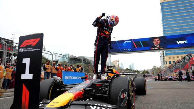 Race winner Max Verstappen of Red Bull celebrates his victory in parc ferme.