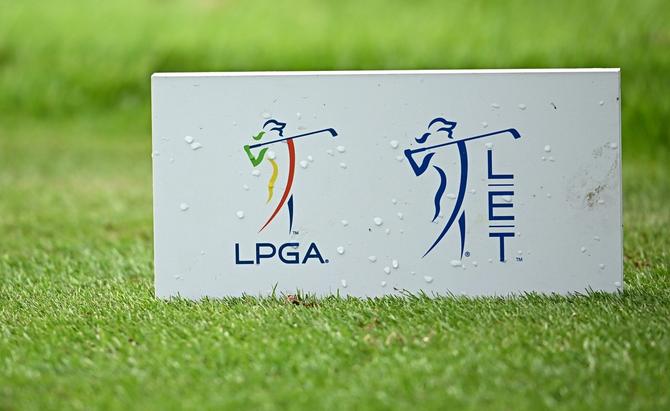 A general view of LPGA and LET logos during day two of the ISPS HANDA World Invitational presented by AVIV Clinics 2023 at Galgorm Castle Golf Club in Ballymena, Antrim.