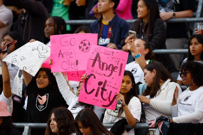 Fans during play between Bay FC and Angel City FC in the second half at BMO Stadium