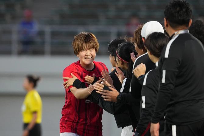 Mei Shimada of Urawa Reds celebrates the second goal during the AFC Women's Club Championship Invitational Tournament Final between Mitsubishi Heavy Industries Urawa Red Diamonds Ladies and Incheon Hyundai Steel Red Angels at Urawa Komaba Stadium on May 10, 2024 in Saitama, Japan.