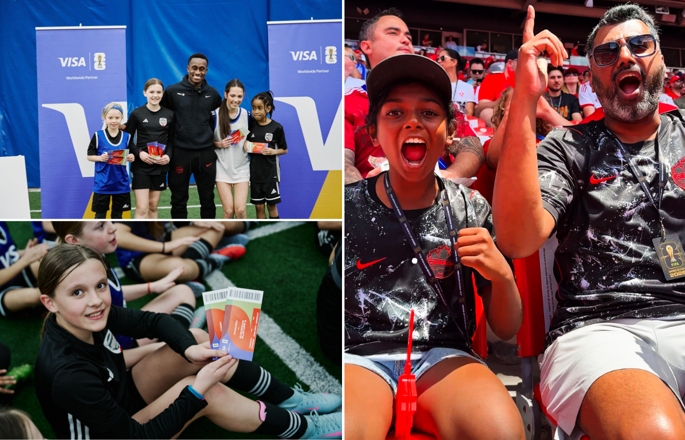 A collage shows youth soccer players receiving tickets and posing with a coach at a clinic, alongside fans cheering from the stands during a soccer match.