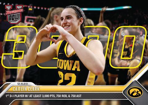Caitlin Clark holds up a heart sign with her hands. The number 3000 has been added to the graphic along with a caption about her record-breaking collegiate career.