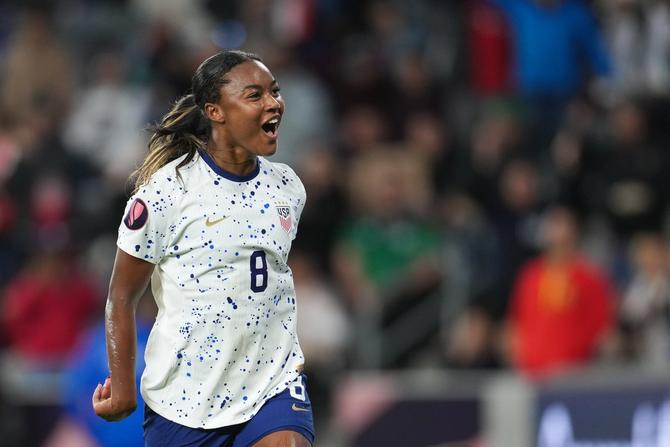 Jaedyn Shaw of the United States celebrates after scoring.
