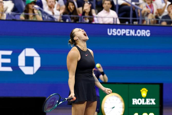 Aryna Sabalenka reacts after a point against USA's Emma Navarro.