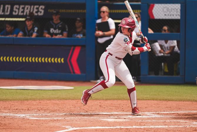 No. 2–seed Oklahoma softball utility player Kasidi Pickering winds up at the plate.