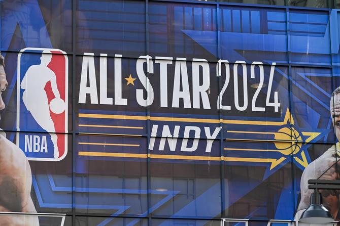 NBA All-Star game signage on the front of Gainbridge Fieldhouse in Indianapolis, Indiana.