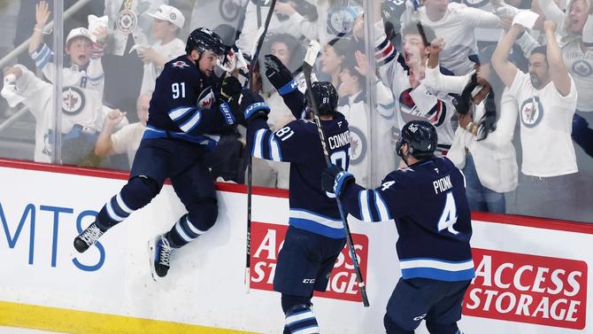 Winnipeg Jets center Cole Perfetti celebrates after his goal against the St. Louis Blues.