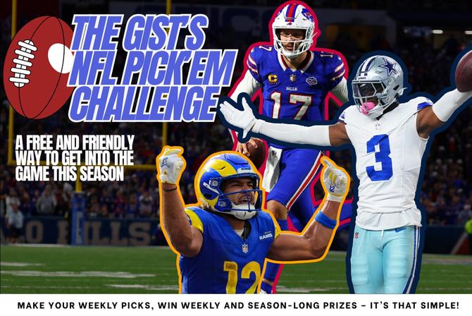 A graphic promoting The GIST's NFL Pick'Em challenge featuring 3 NFL players