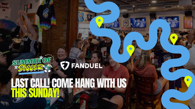 Promotional graphic for FanDuel's Summer of Soccer watch party featuring a crowded sports bar, map-inspired graphics, and the message: "Last call! Come hang with us this Sunday!"