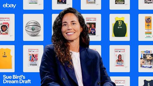 WNBA icon Sue Bird sits in front of a graphic that features the memorabilia she chose for her Dream Draft.