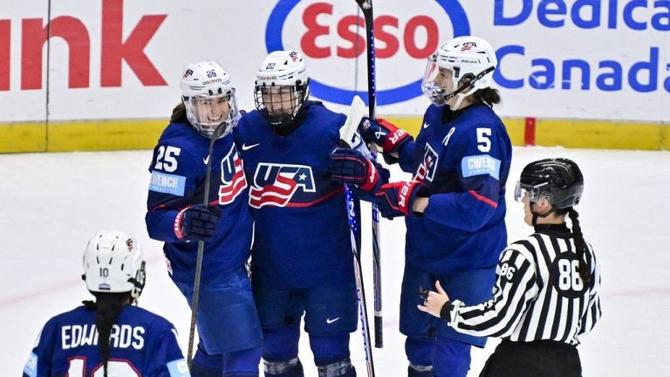 Team USA celebrates after a goal at the IIHF Women’s World Championship.