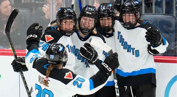 Toronto’s Hannah Miller celebrates her goal with Natalie Spooner, Allie Munroe, Kali Flanagan, and Sarah Nurse during the first period of an PWHL hockey game against Montreal in Pittsburgh.