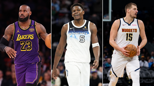 LA Laker LeBron James, Minnesota Timberwolf Anthony Edwards, and Denver Nugget Nikola Jokić on the court.